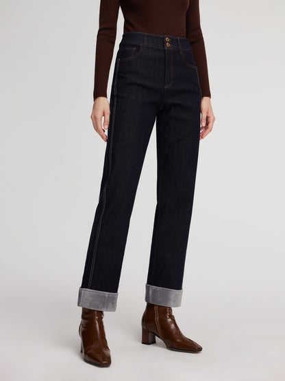 Denim High-Waisted Fleece Lined Women Folded Jeans