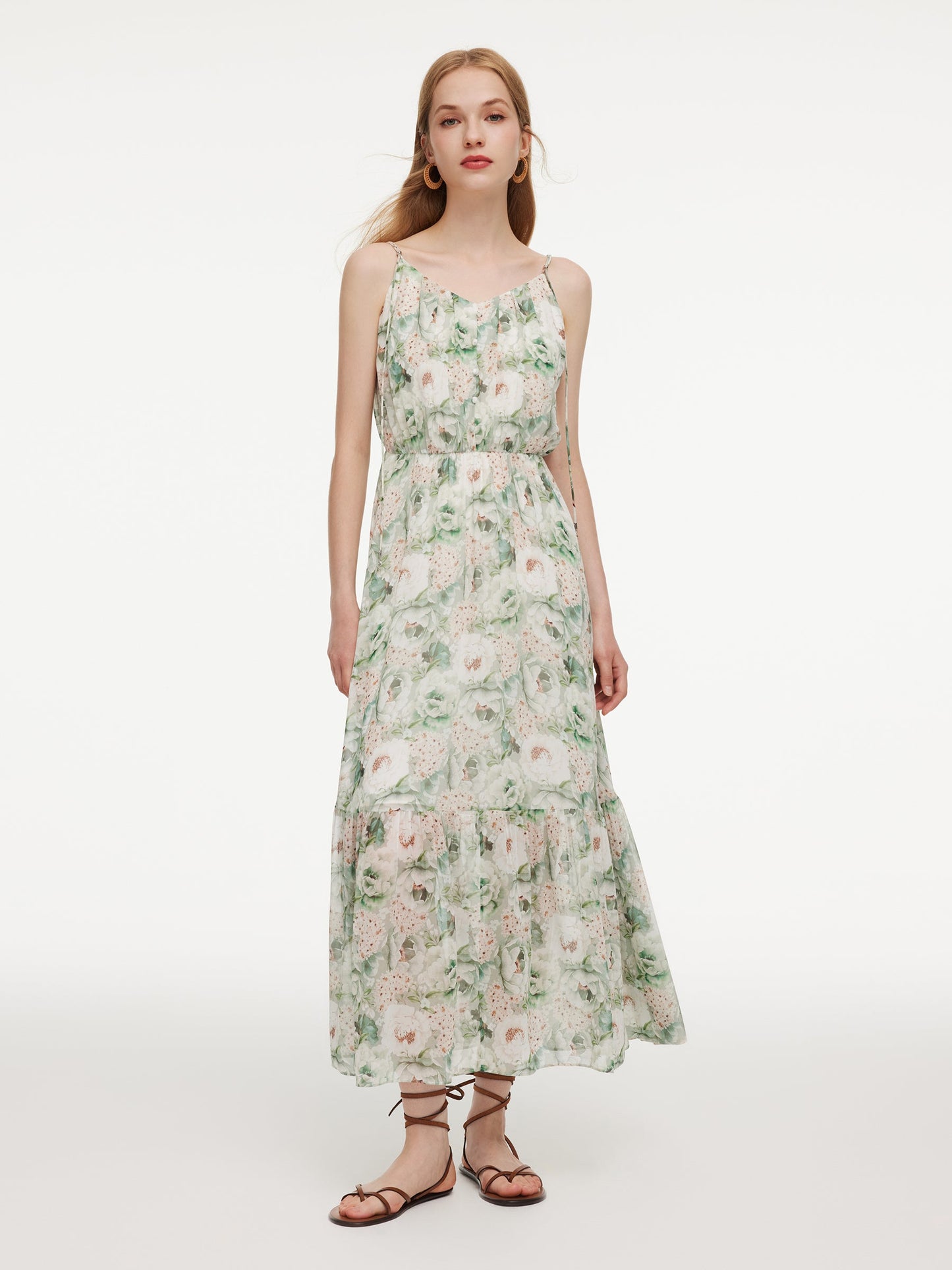 10MM Mulberry Silk Floral Print Women Strap Maxi Dress