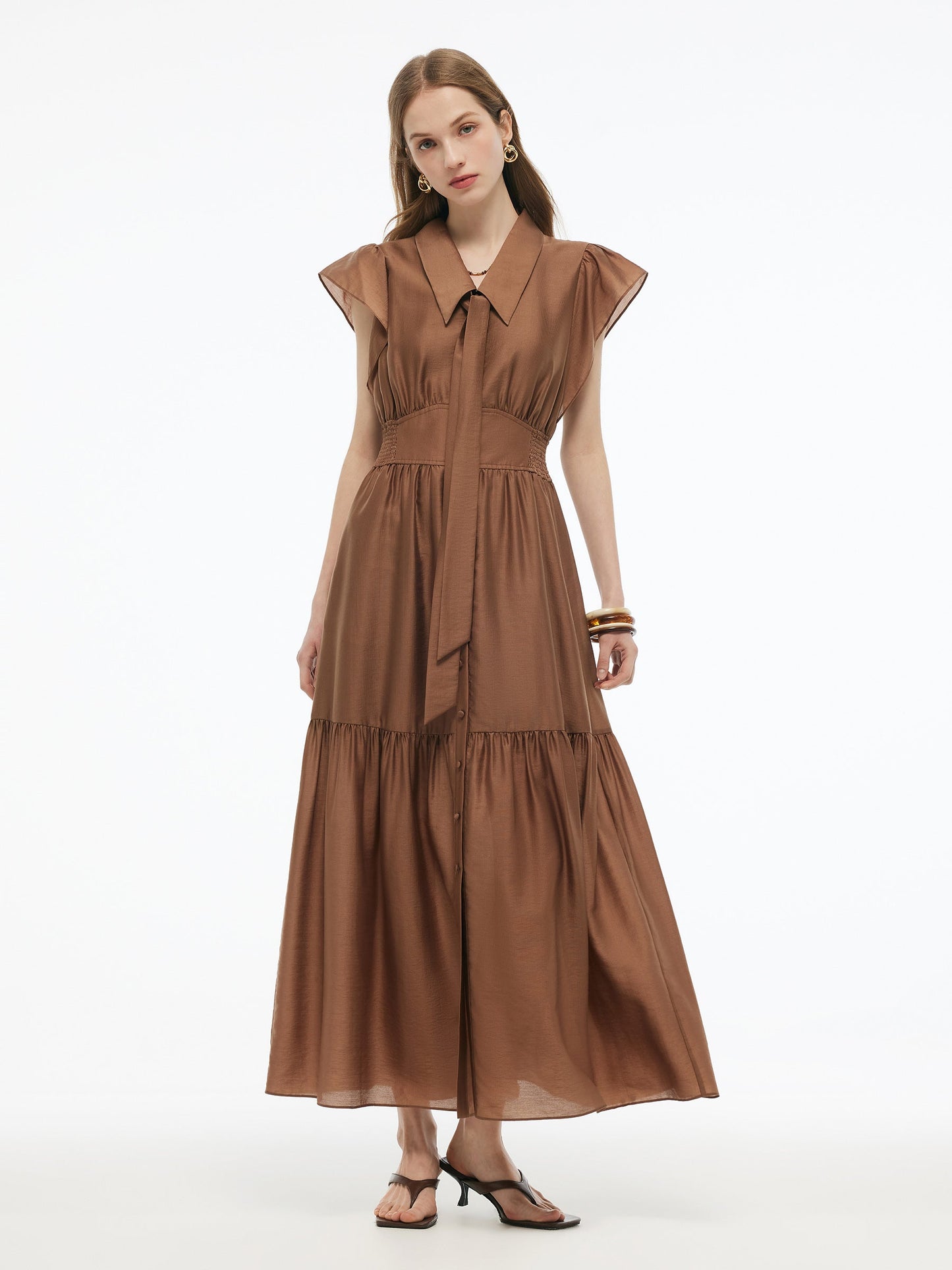 Tencel Blend Women Ruffle Cap Sleeve Maxi Dress With Sash
