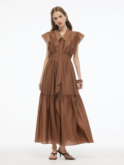 Tencel Blend Women Ruffle Cap Sleeve Maxi Dress With Sash