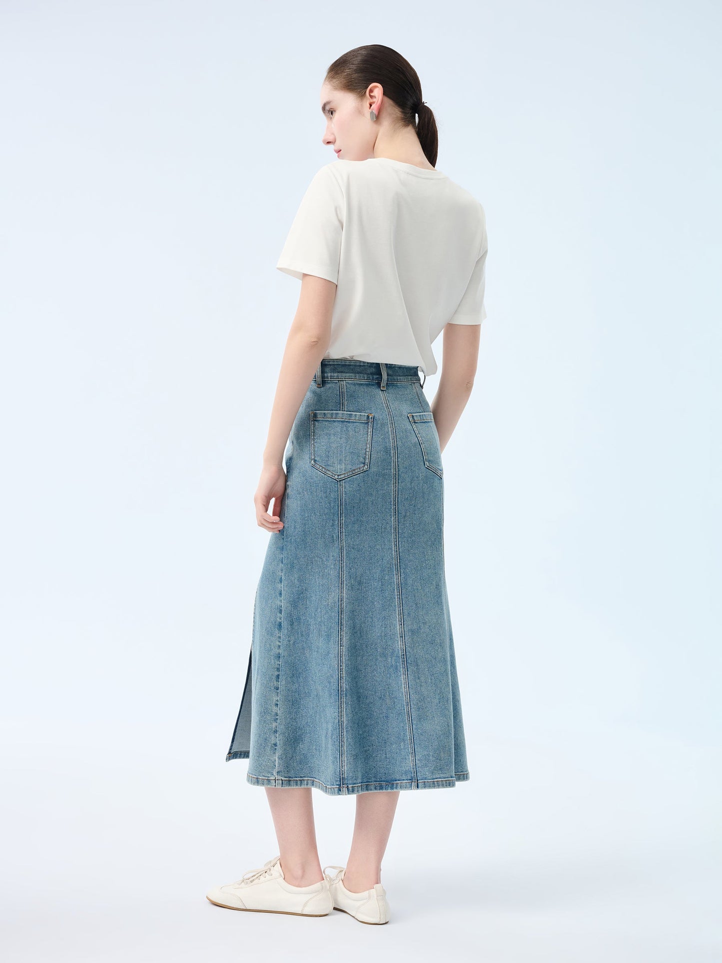 Denim Side Slit Women Eight-Panel Skirt