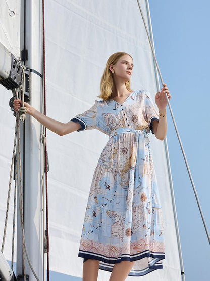19 Momme Silk Map Print Midi Dress