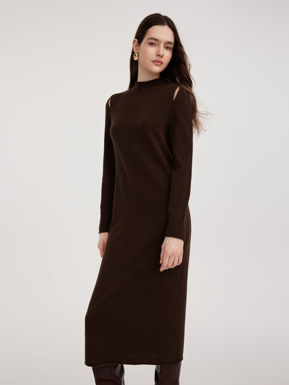 100% Wool Mock Neck Women Knit Maxi Dress