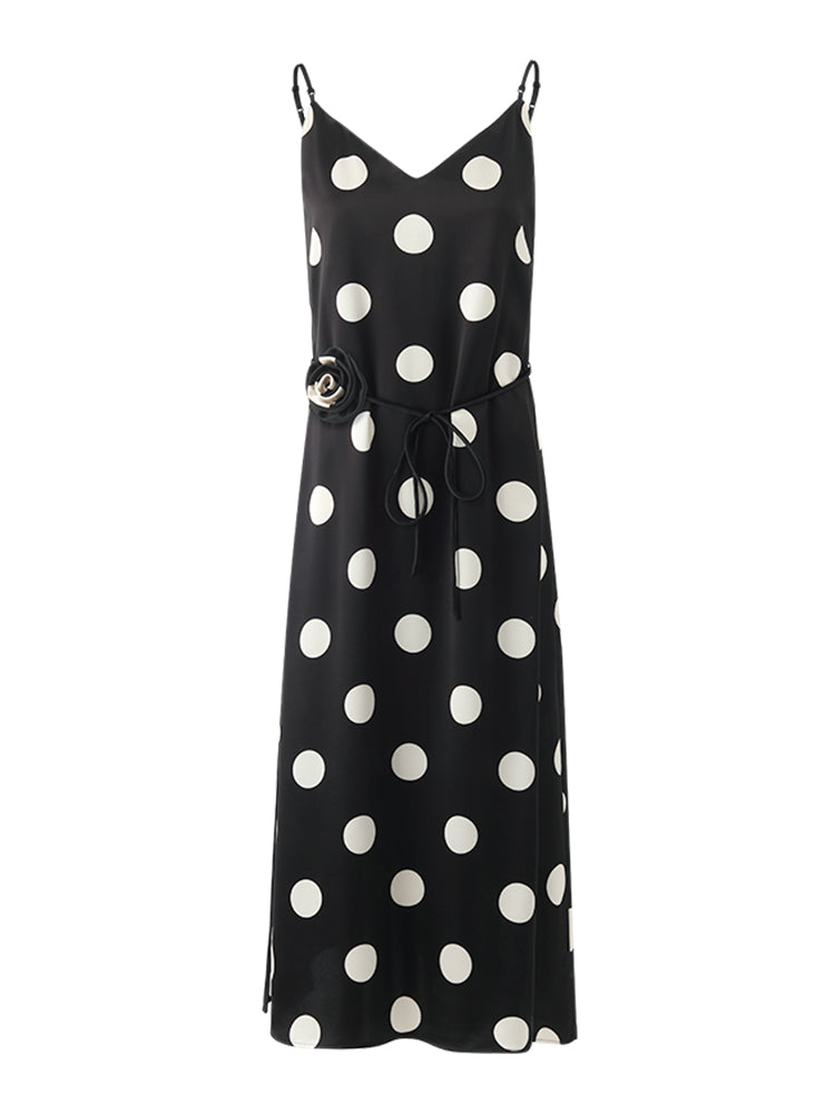 Acetate Polka Dots Print Spaghetti Strap Women Midi Dress With Rose Belt