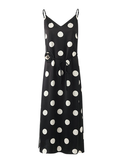 Acetate Polka Dots Print Spaghetti Strap Women Midi Dress With Rose Belt