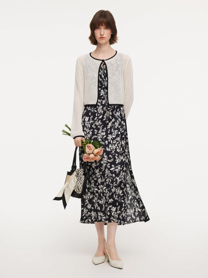 Contrast Trim Openwork Cardigan And Floral Print Sleeveless Dress Two-Piece Set