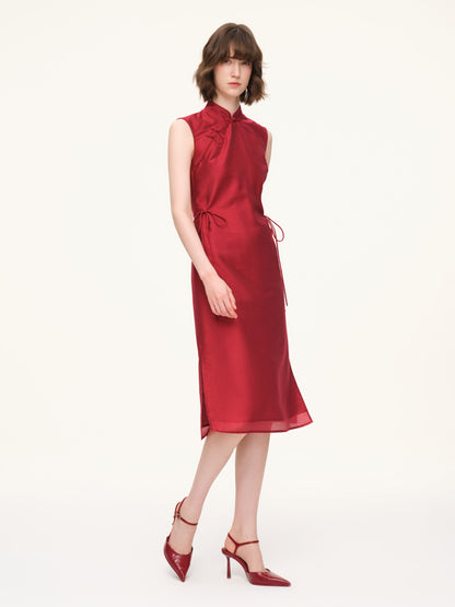 Tencel Blend Sleeveless Women Qipao Midi Dress