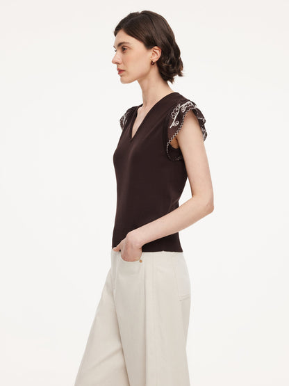 Lyocell Blend V-Neck Women Embroidered Sleeve Knit Top