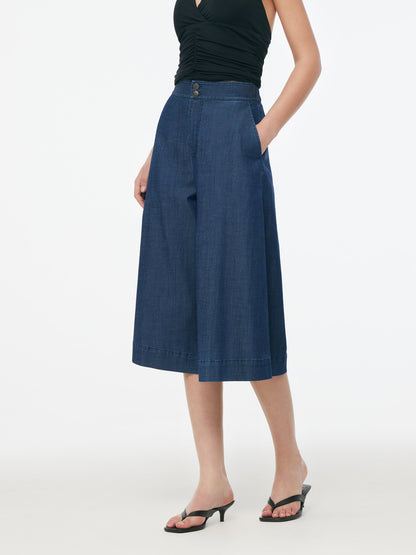 Denim High Waisted Women Wide Leg Cropped Culottes