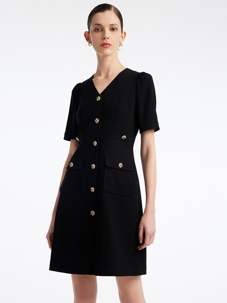 Black Triacetate Button Front Mini Dress