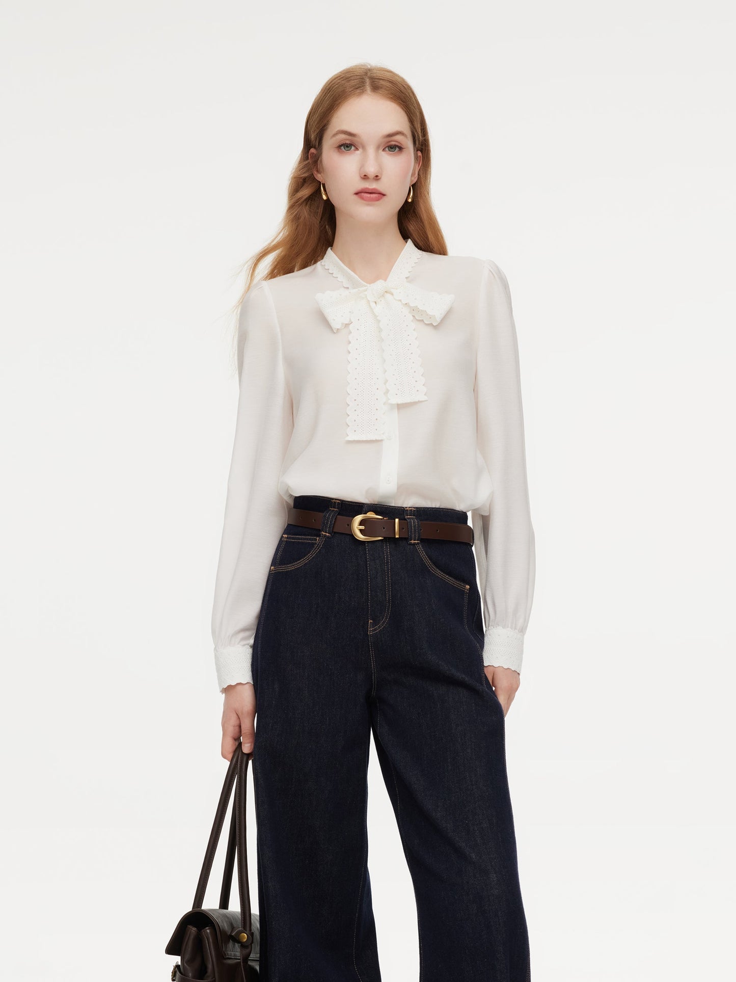 [Preview] Acetate Blend Lace Bow Tie Women Shirt