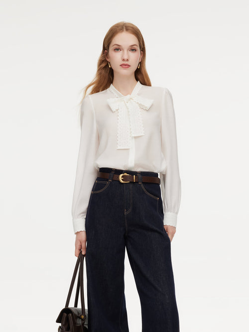 [Preview] Acetate Blend Lace Bow Tie Women Shirt