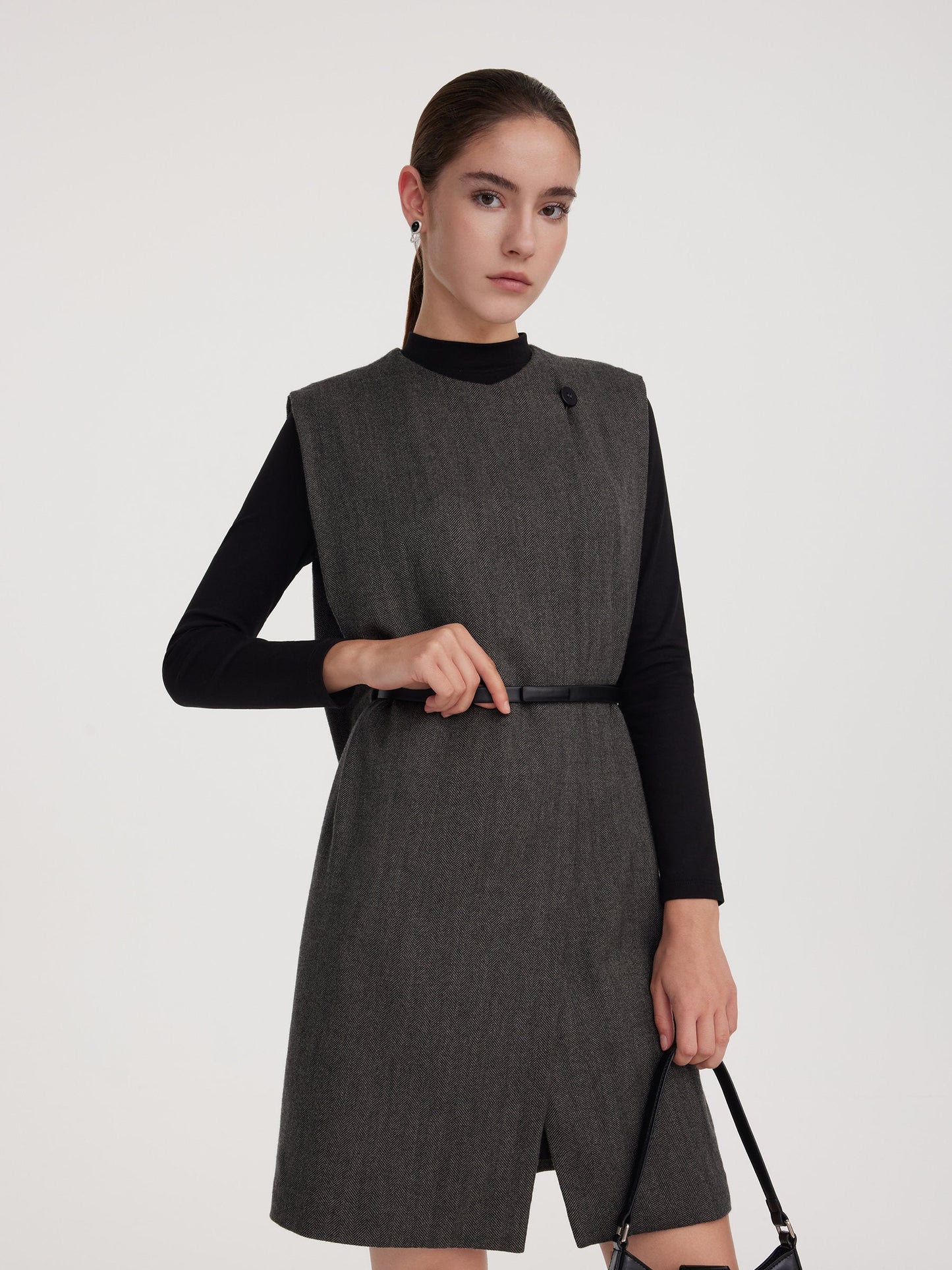 100% Wool Vest And Knit Dress Two-Piece Set With Belt
