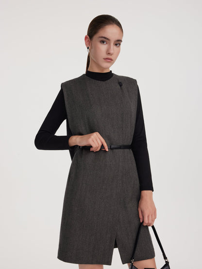 100% Wool Vest And Knit Dress Two-Piece Set With Belt