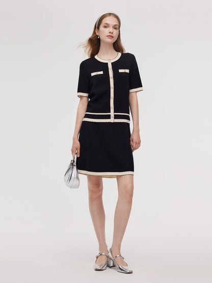 Lyocell Blend Contrast Trim Cardigan And Mini Skirt Two-Piece Set