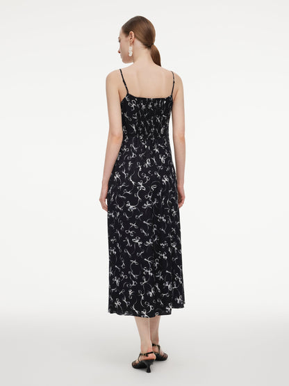 Ribbon Print Strap Dress And Cardigan Two-Piece Set
