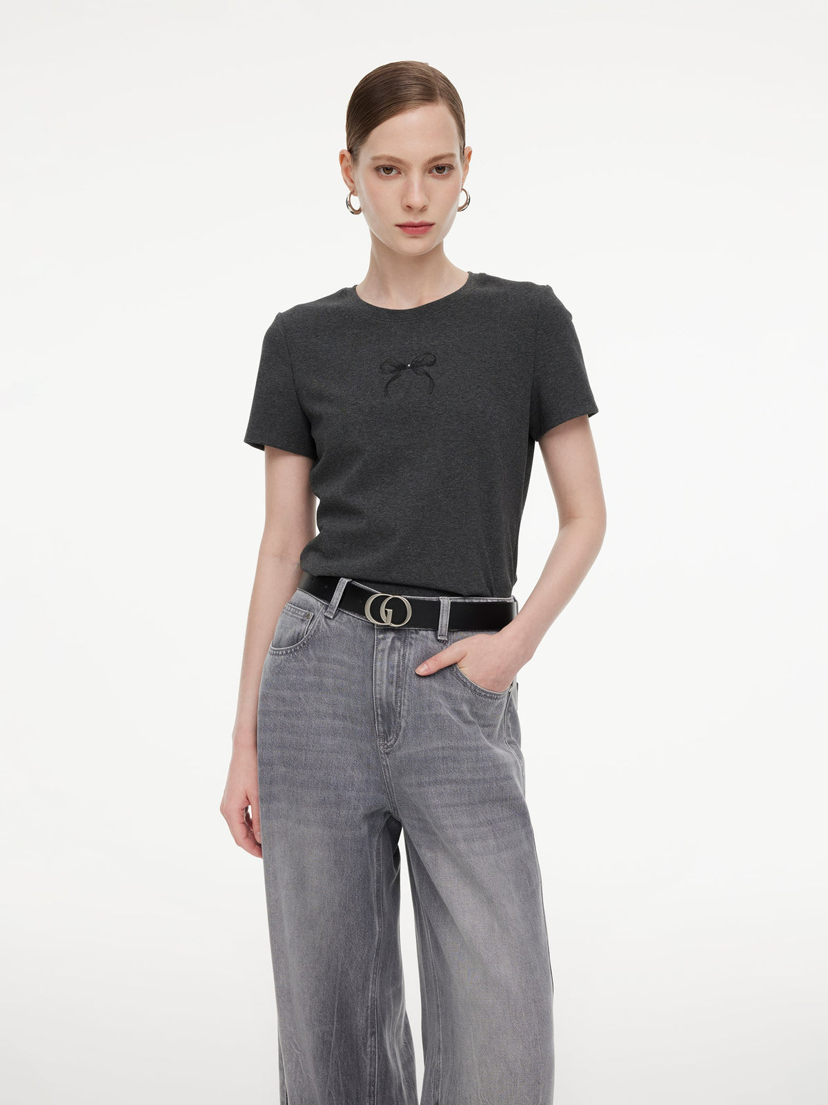 Bowknot Print Gathered Waist Women T-Shirt