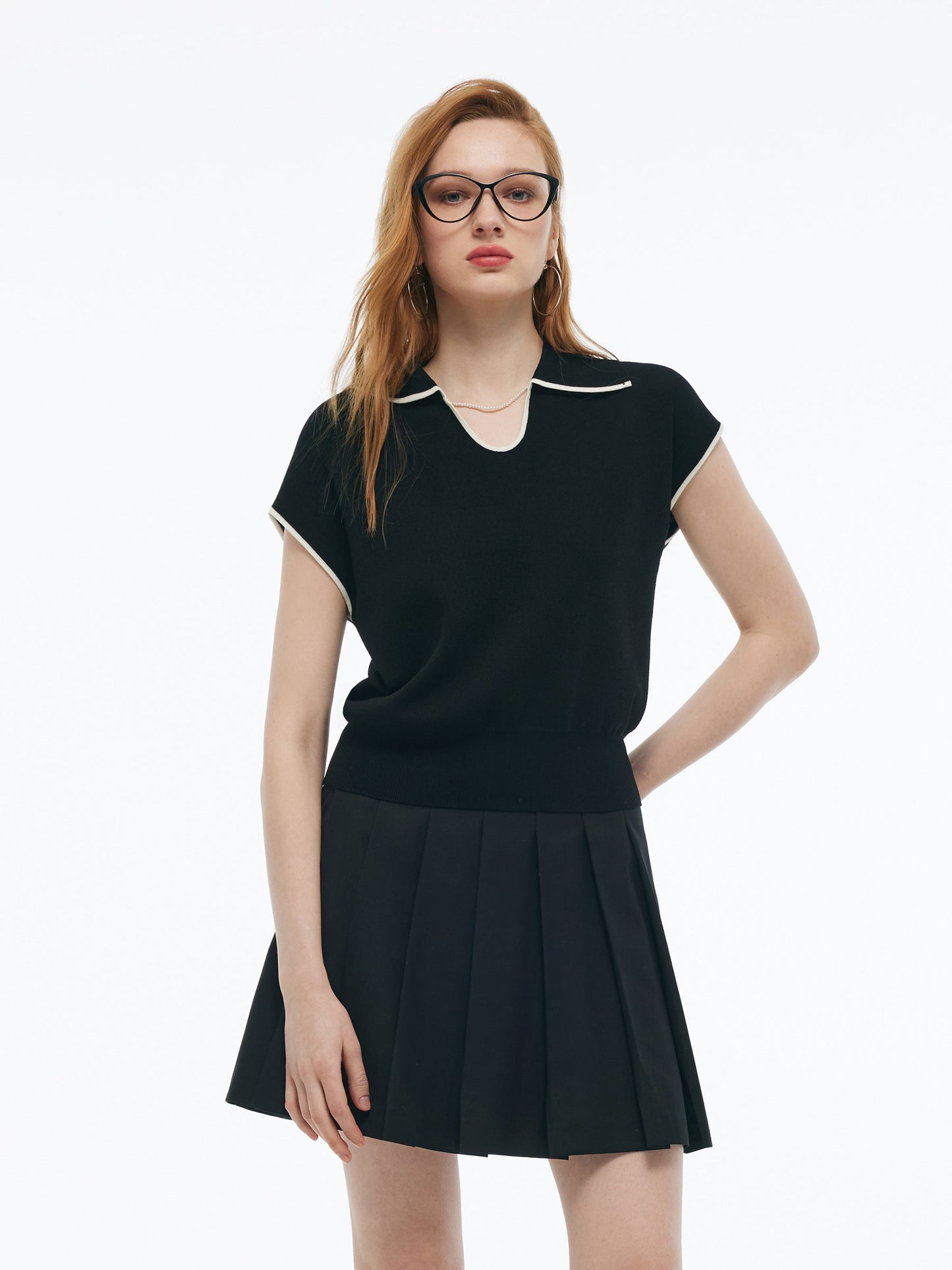 Tencel Blend Contrast Trim Women Knit Top