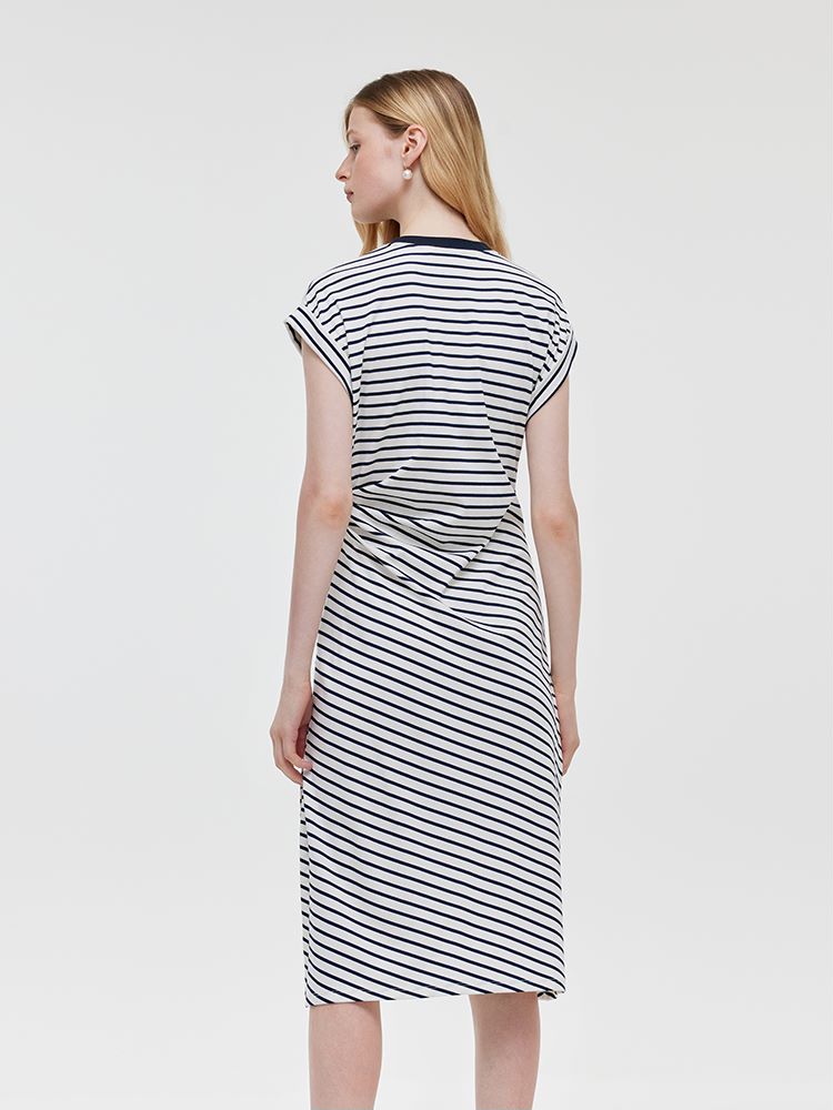 Striped Slit Ruched Women Midi Dress