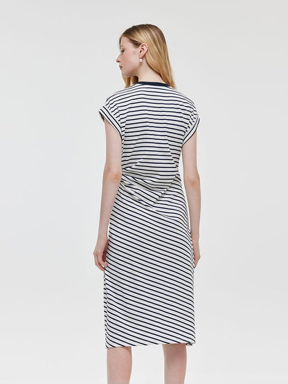 Striped Slit Ruched Women Midi Dress