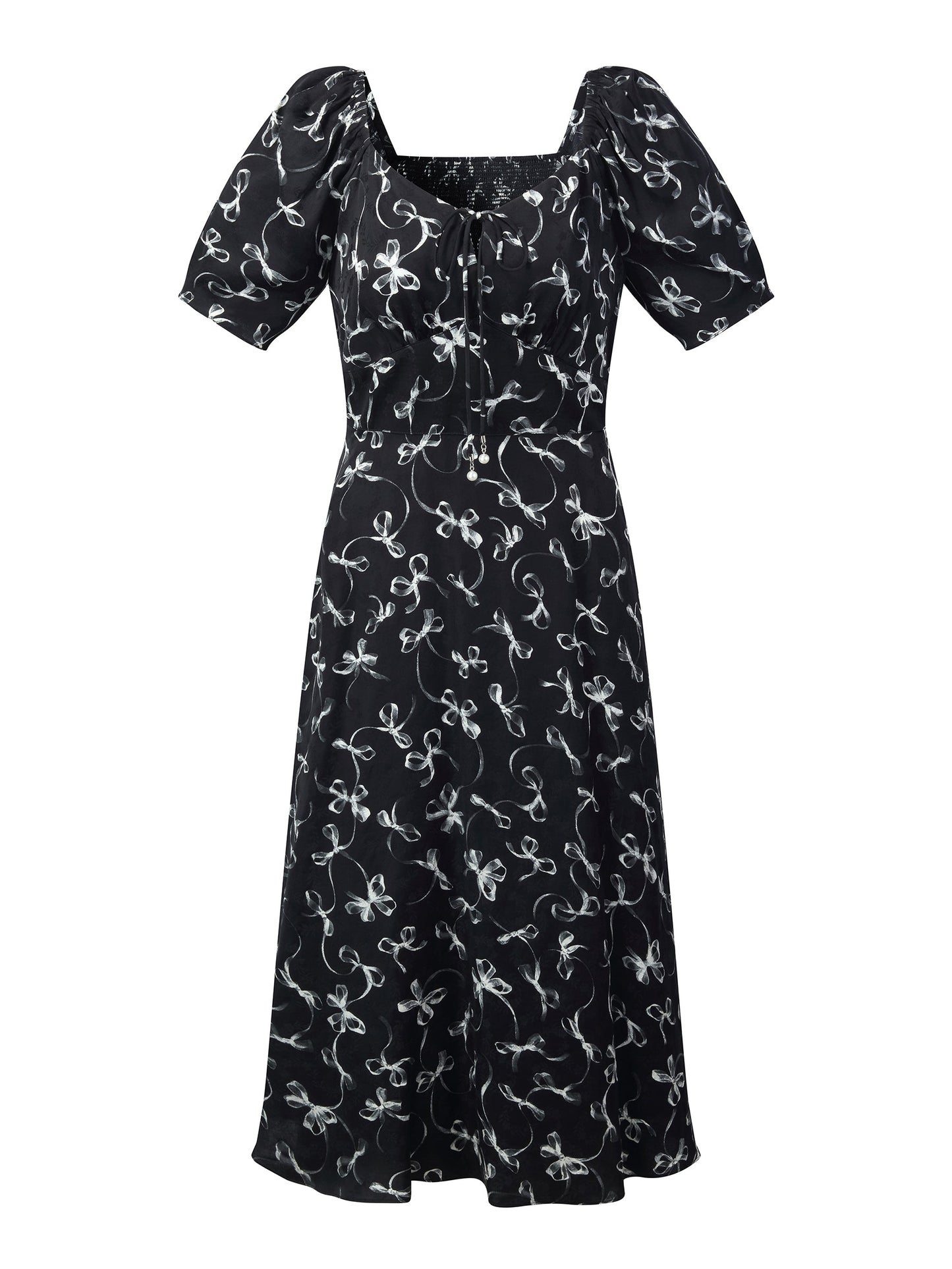 Ribbon Print Puff Sleeve Women Midi Dress
