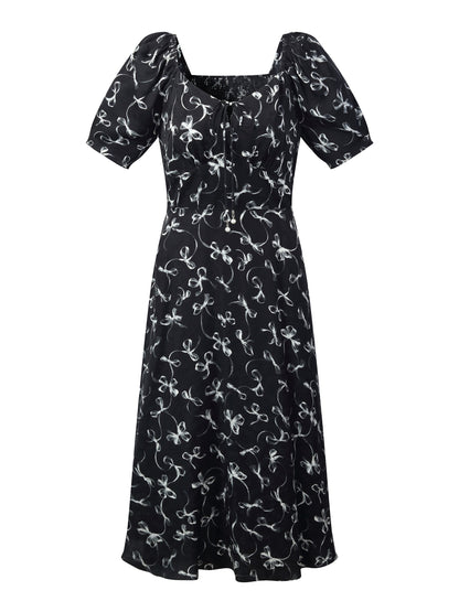 Ribbon Print Puff Sleeve Women Midi Dress