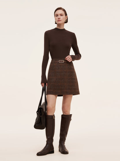 100% Wool Plaid Women Skirt With Leather Belt