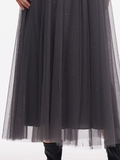 Mesh Elastic Waist Sequins Pleated Women Skirt