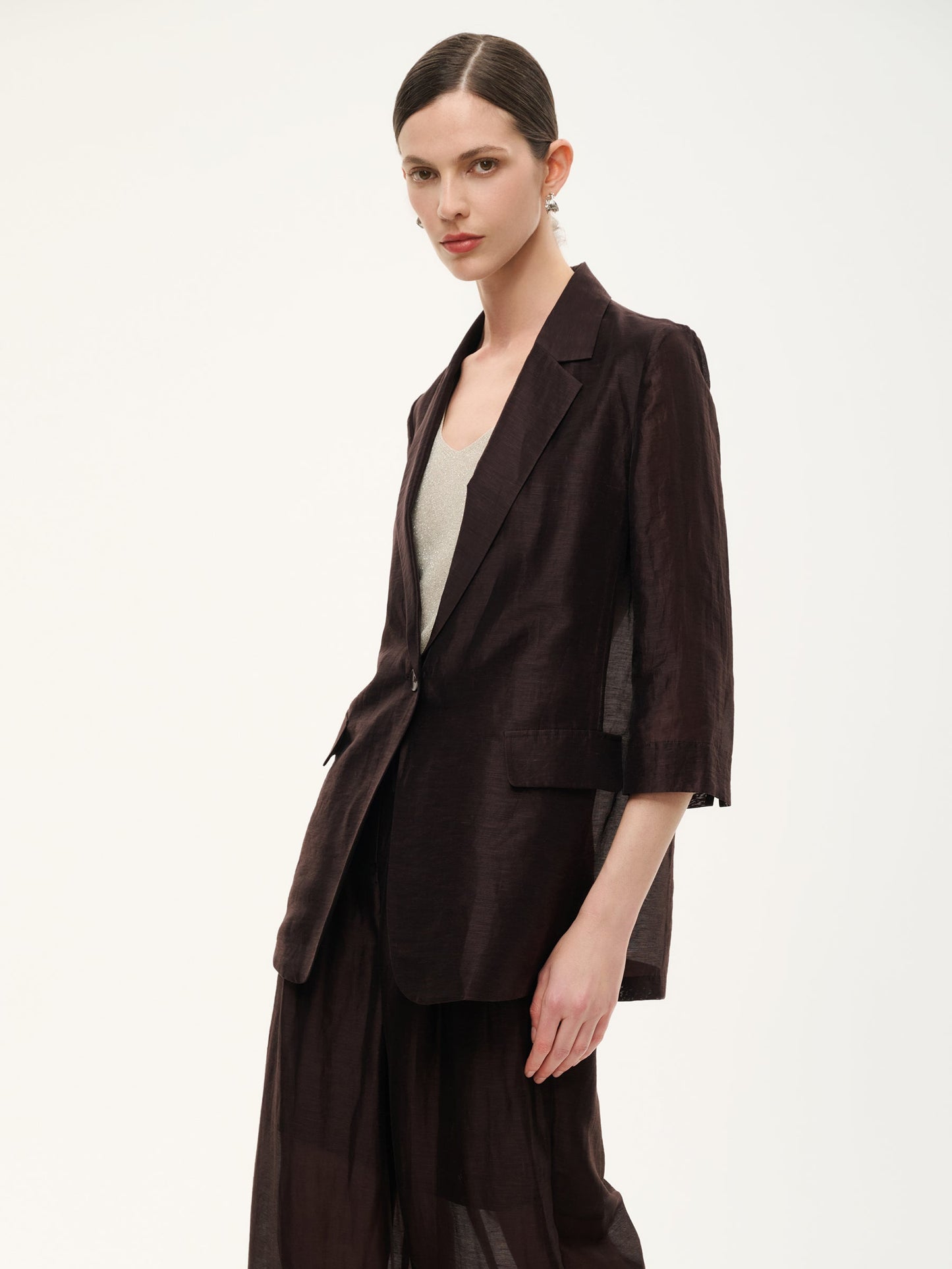 Tencel Linen Blend 3/4 Sleeve Women Blazer