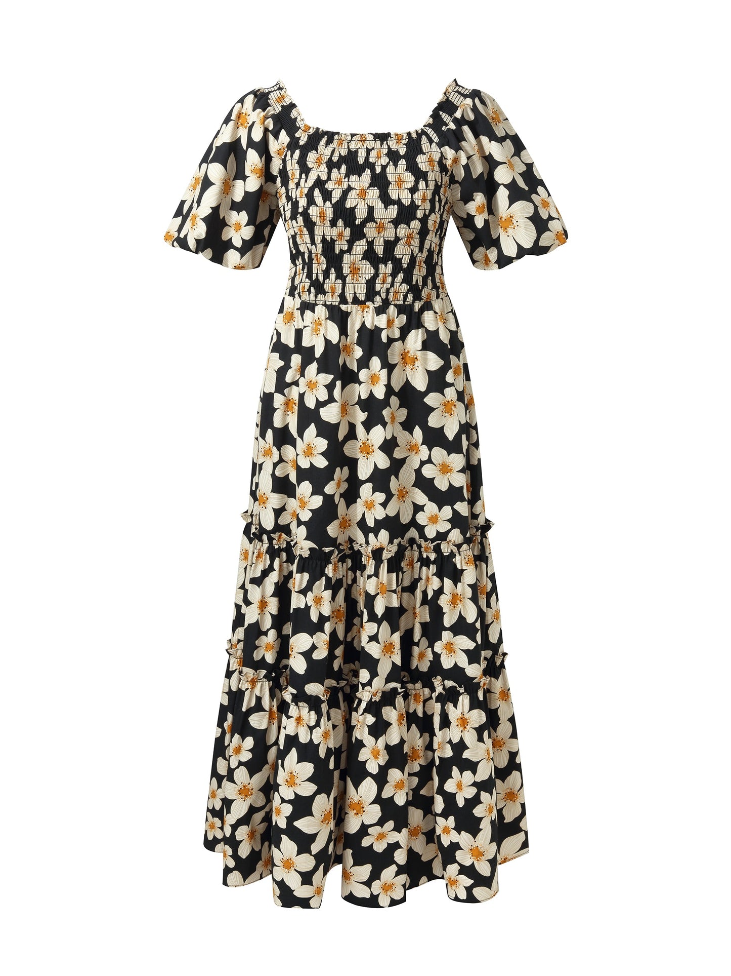 Cotton Stretch Floral Print Women Smocked Maxi Dress