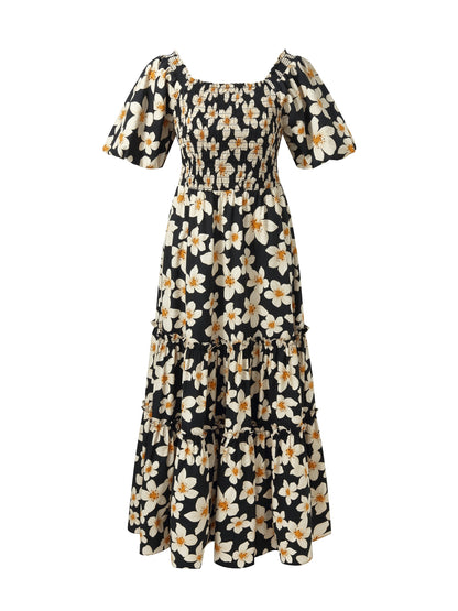 Cotton Stretch Floral Print Women Smocked Maxi Dress