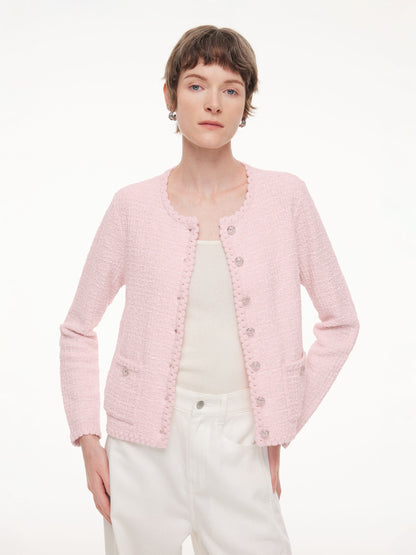 Round Neck Single-Breasted Women Textured Cardigan