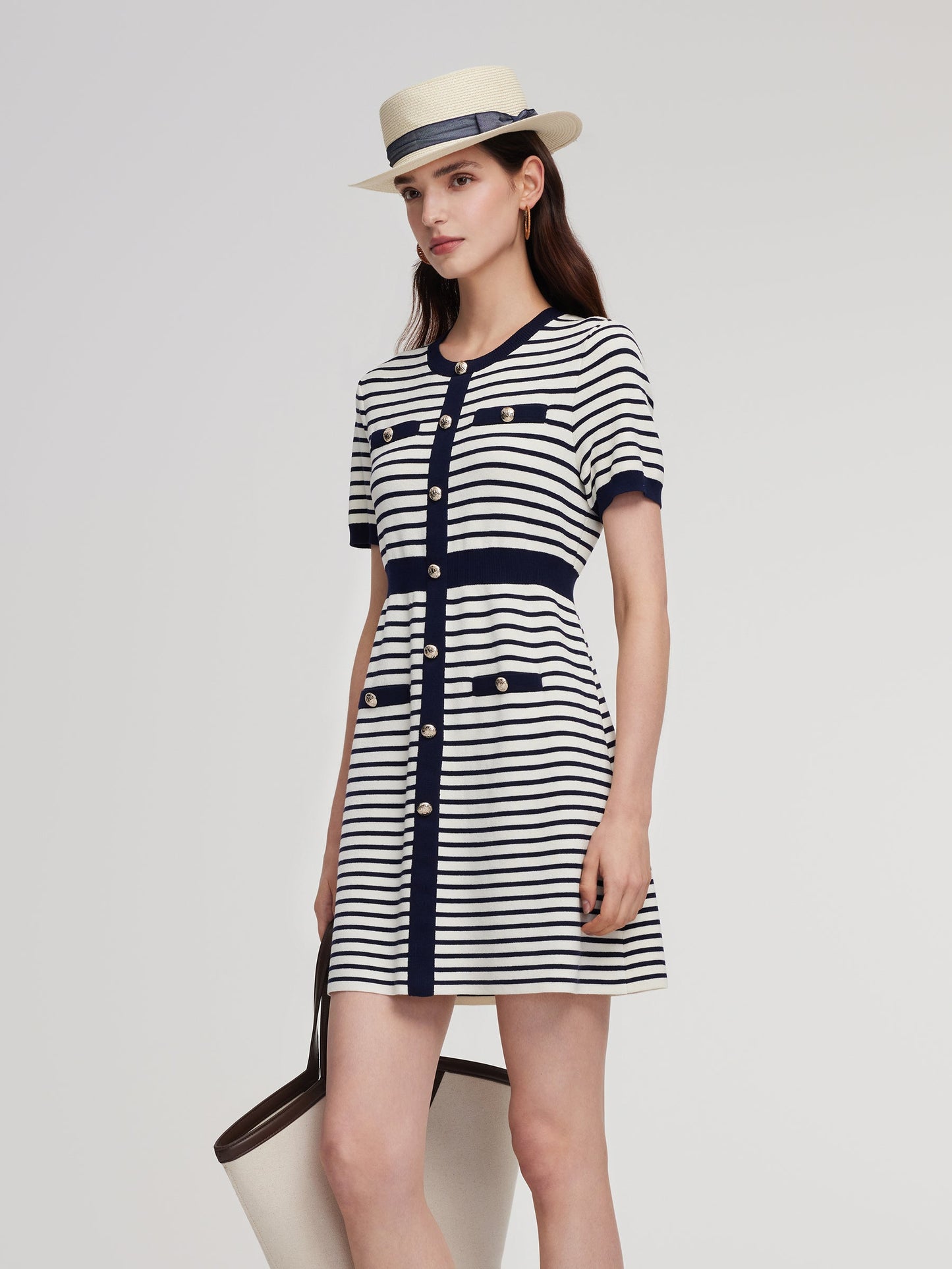 Lyocell Blend Stripe Gathered Waist Women Knit Mini Dress