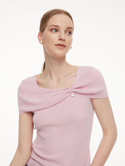 Lyocell Blend Off Shoulder Women Knit Top With Detachable Magnetic Flower