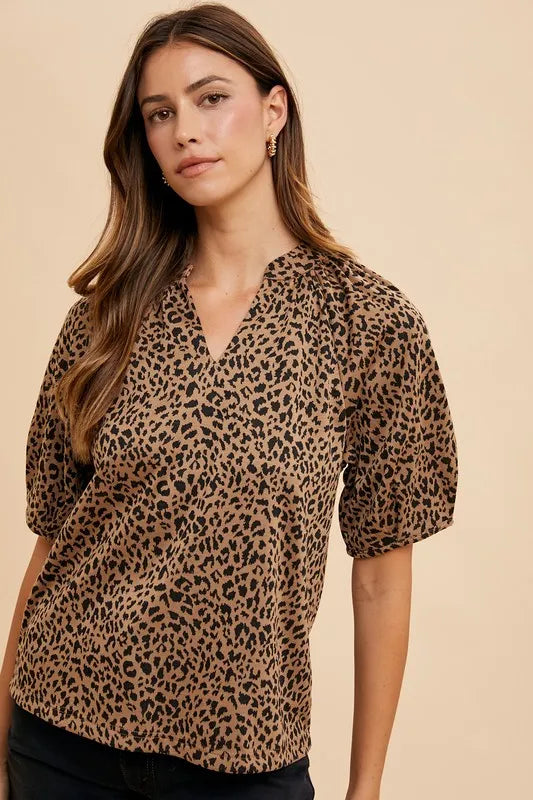 Annie Wear Animal Print Knit Volume Sleeve Blouse