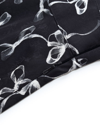 Ribbon Print Puff Sleeve Women Midi Dress