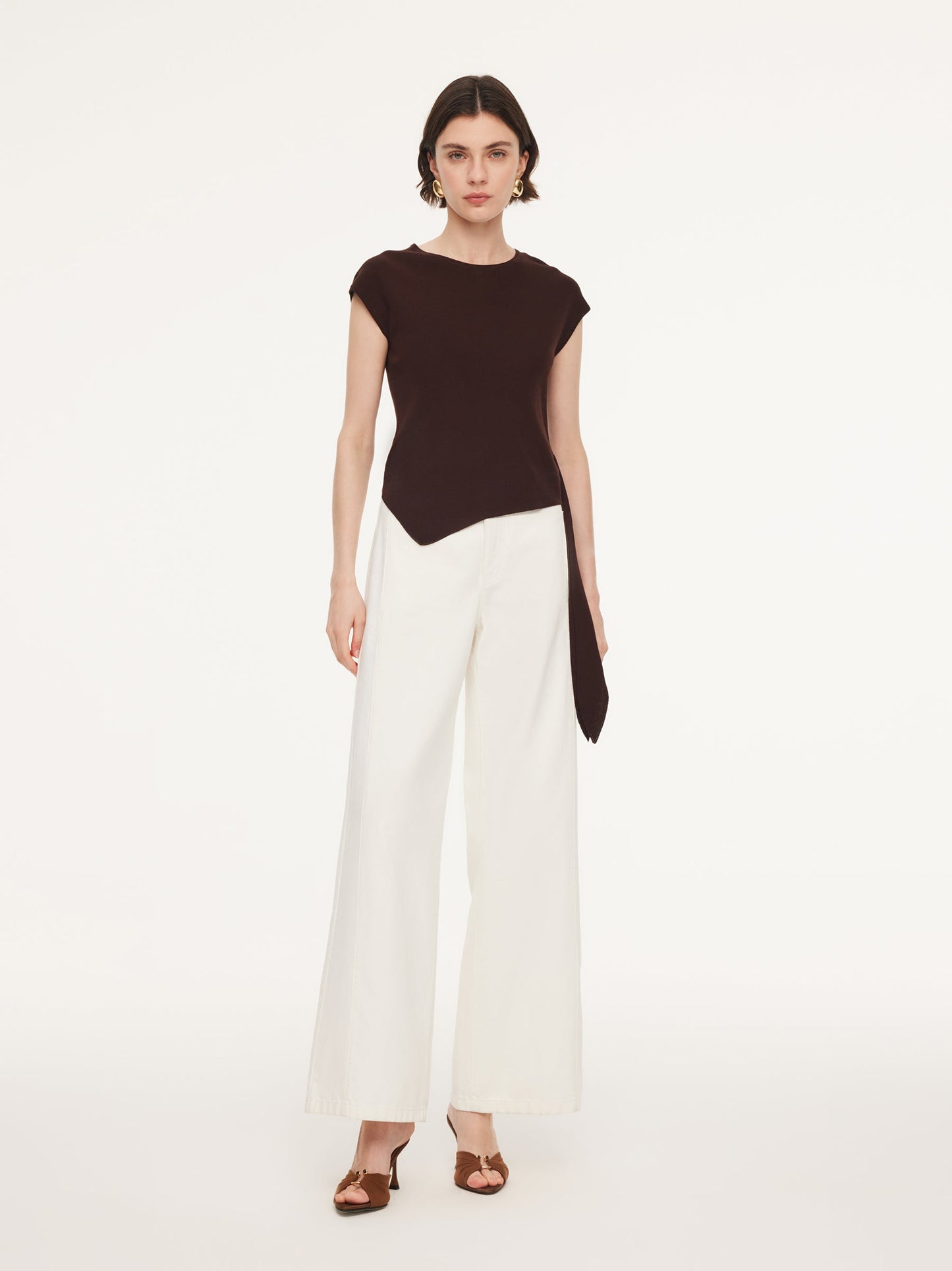 Tencel Blend Asymmetrical Hem Women Knit Top With Ribbon