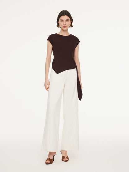 Tencel Blend Asymmetrical Hem Women Knit Top With Ribbon