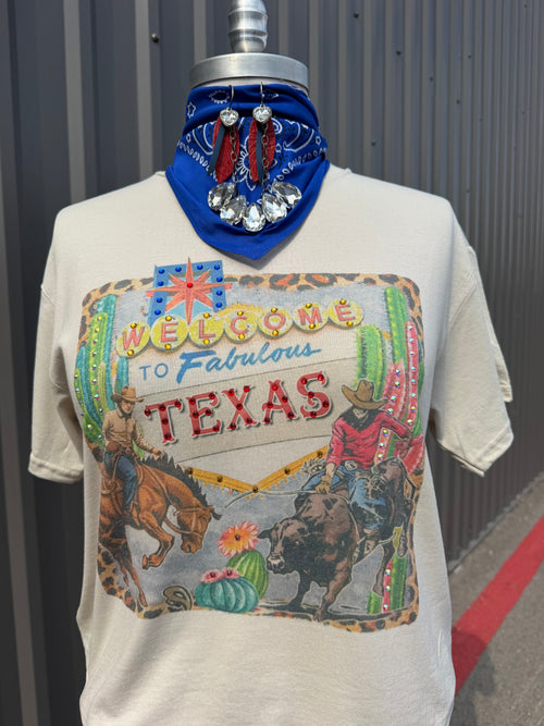 Welcome to Fabulous Texas Crystal Graphic Tee | Western Rodeo Rhinestone T-Shirt
