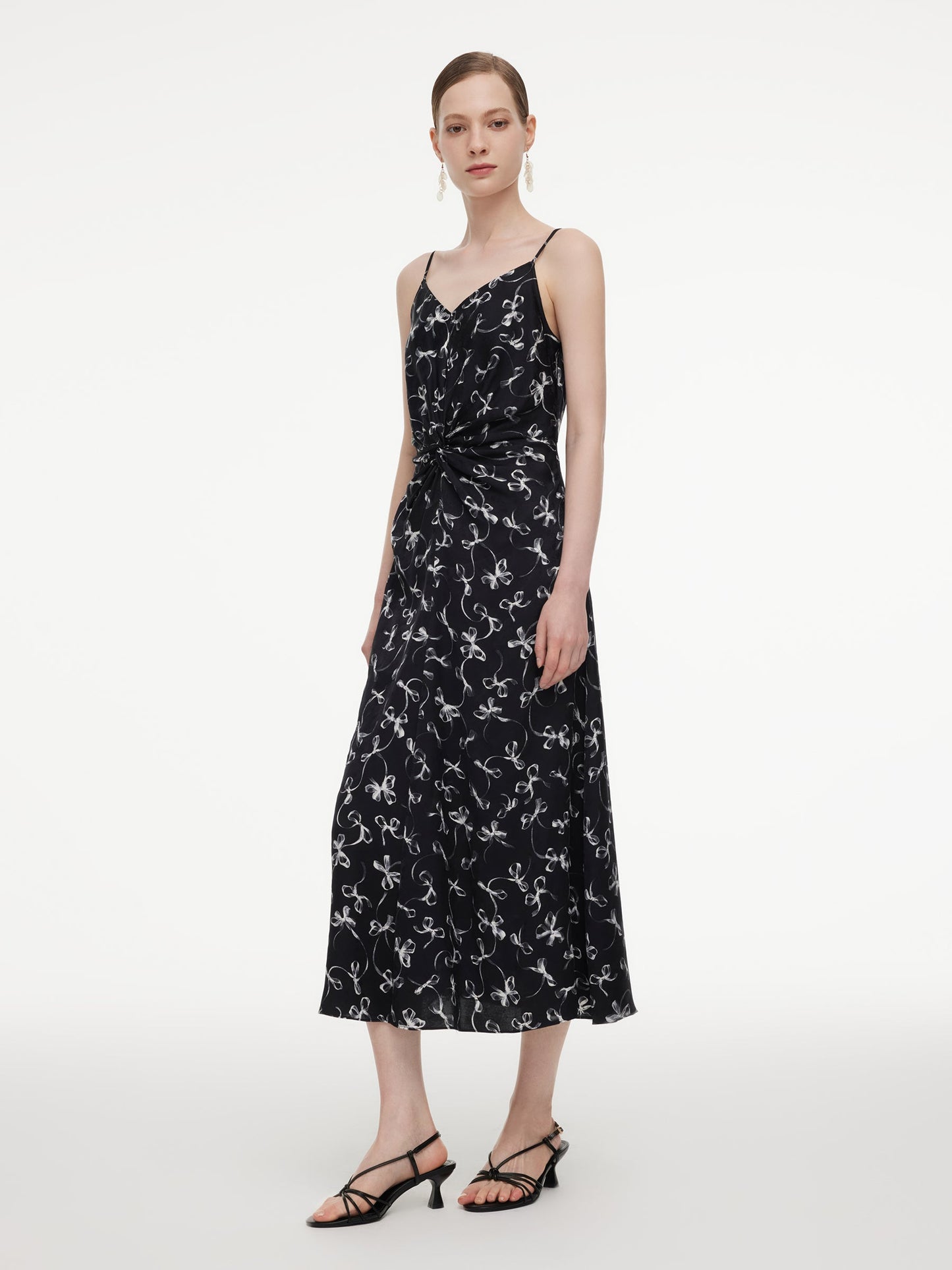 Ribbon Print Strap Dress And Cardigan Two-Piece Set