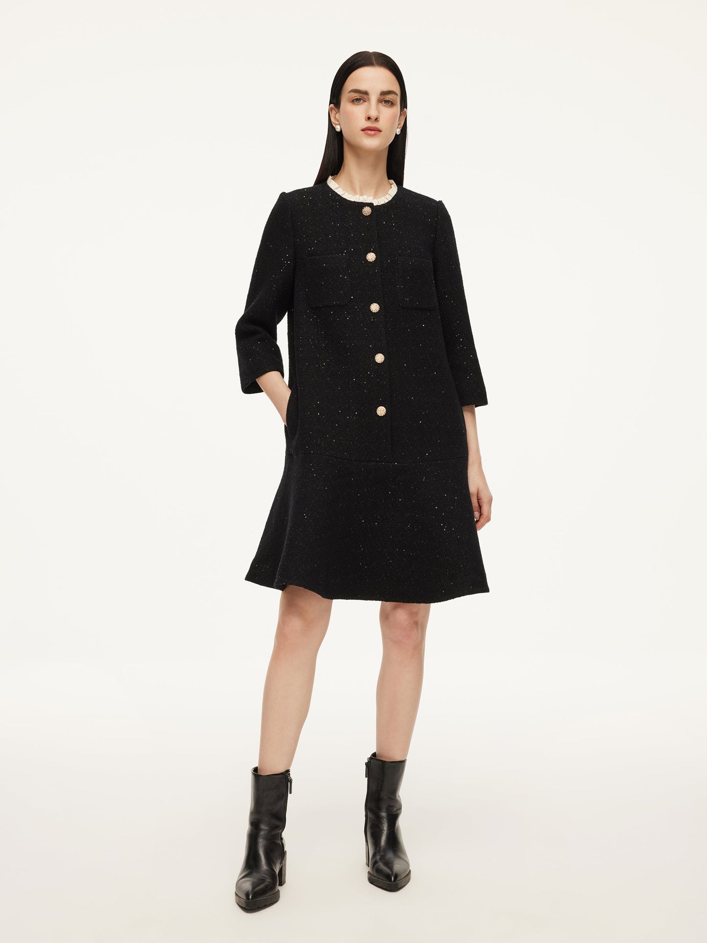 Wool Blend Sequins Ruffle Hem Women A-Line Mini Dress