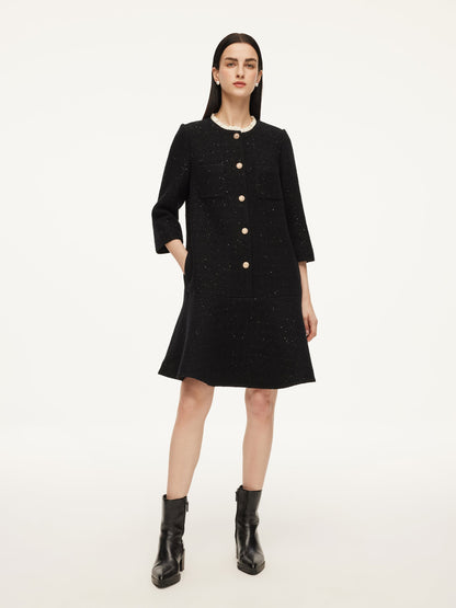 Wool Blend Sequins Ruffle Hem Women A-Line Mini Dress