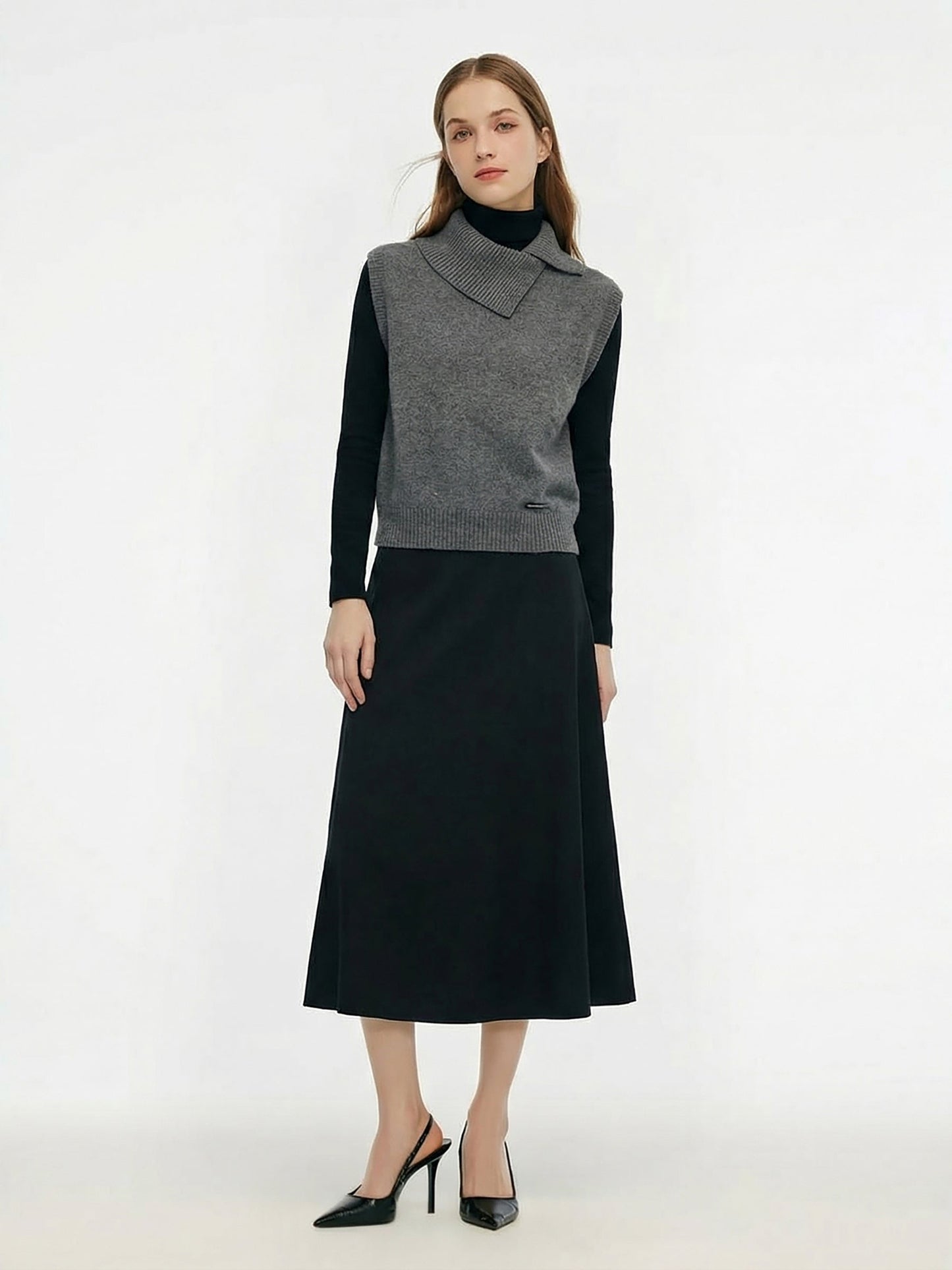 100% Worsted Wool Vest And Knit Top And Skirt Three-Piece Set