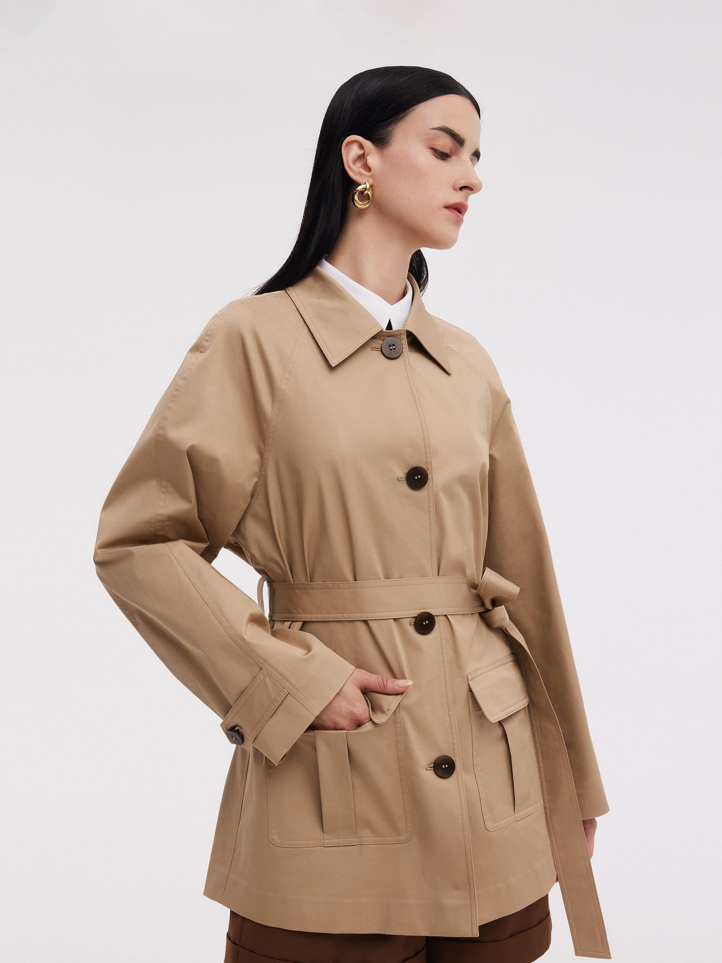 Cotton Adjustable Cuffs Self-Tie Belt Women Trench Coat