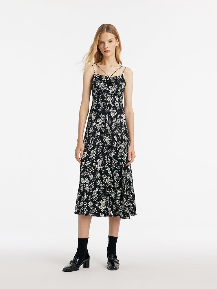 Camellia Print Spaghetti Strap Women Midi Dress
