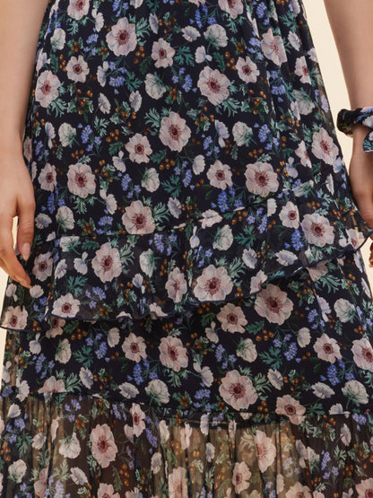 10MM Mulberry Silk Floral Print Women Tiered Skirt