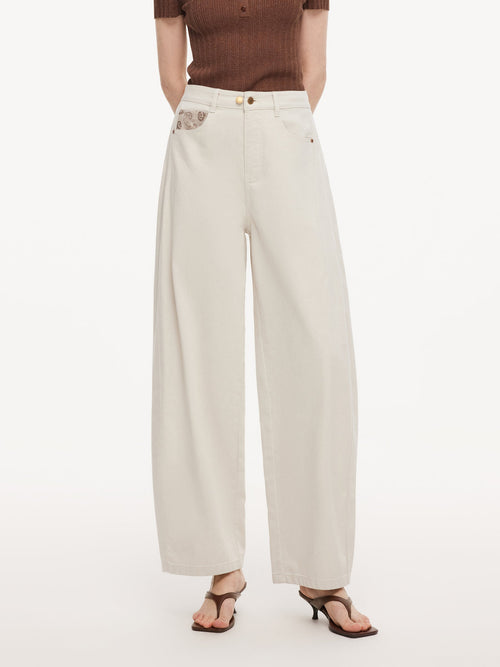 Cotton Denim Paisley-Detail Women Curved Leg Jeans