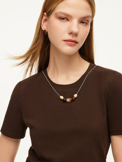 Side Twist Women T-Shirt With Detachable Beaded Necklace