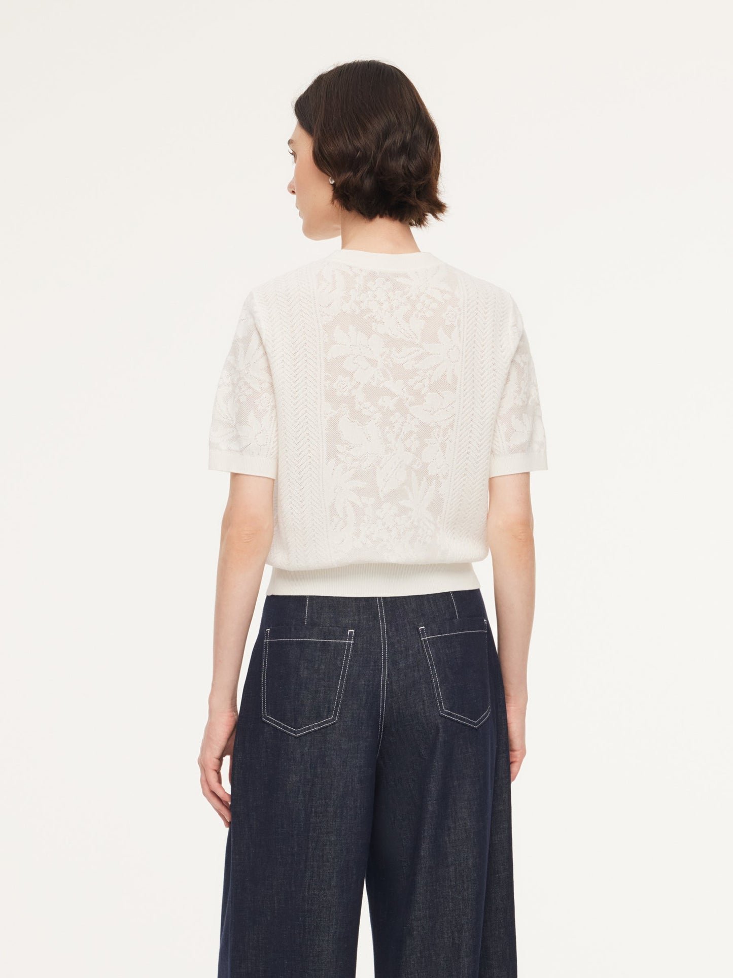 Lace Jacquard Round Neck Women Knit Top