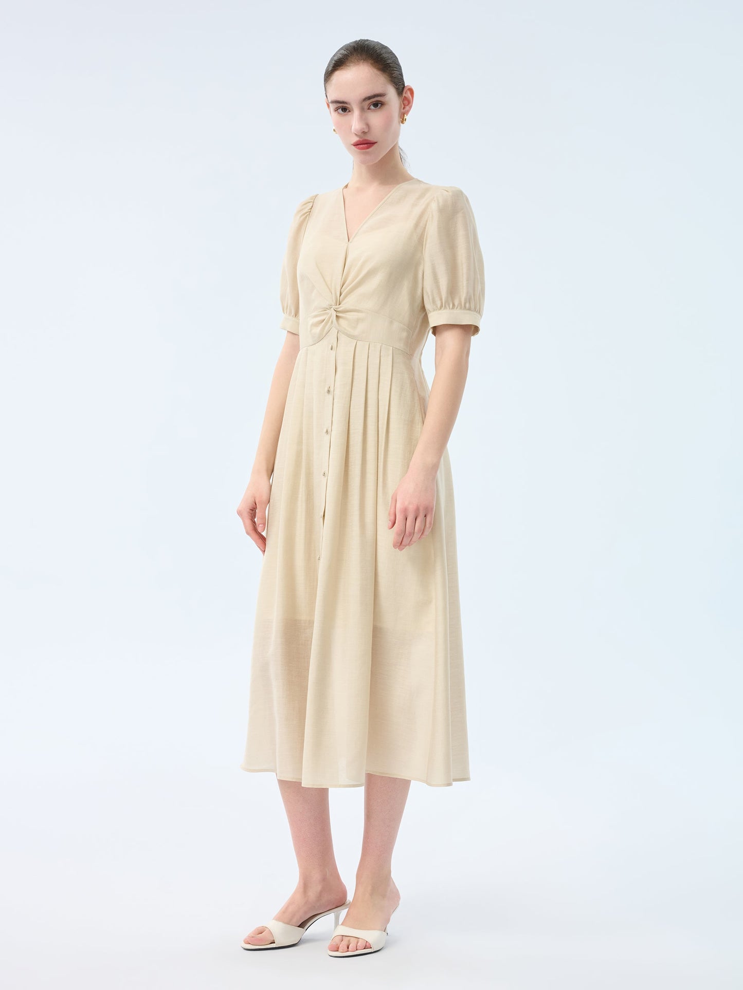 Tencel Acetate Linen Twist Front Women Maxi Dress